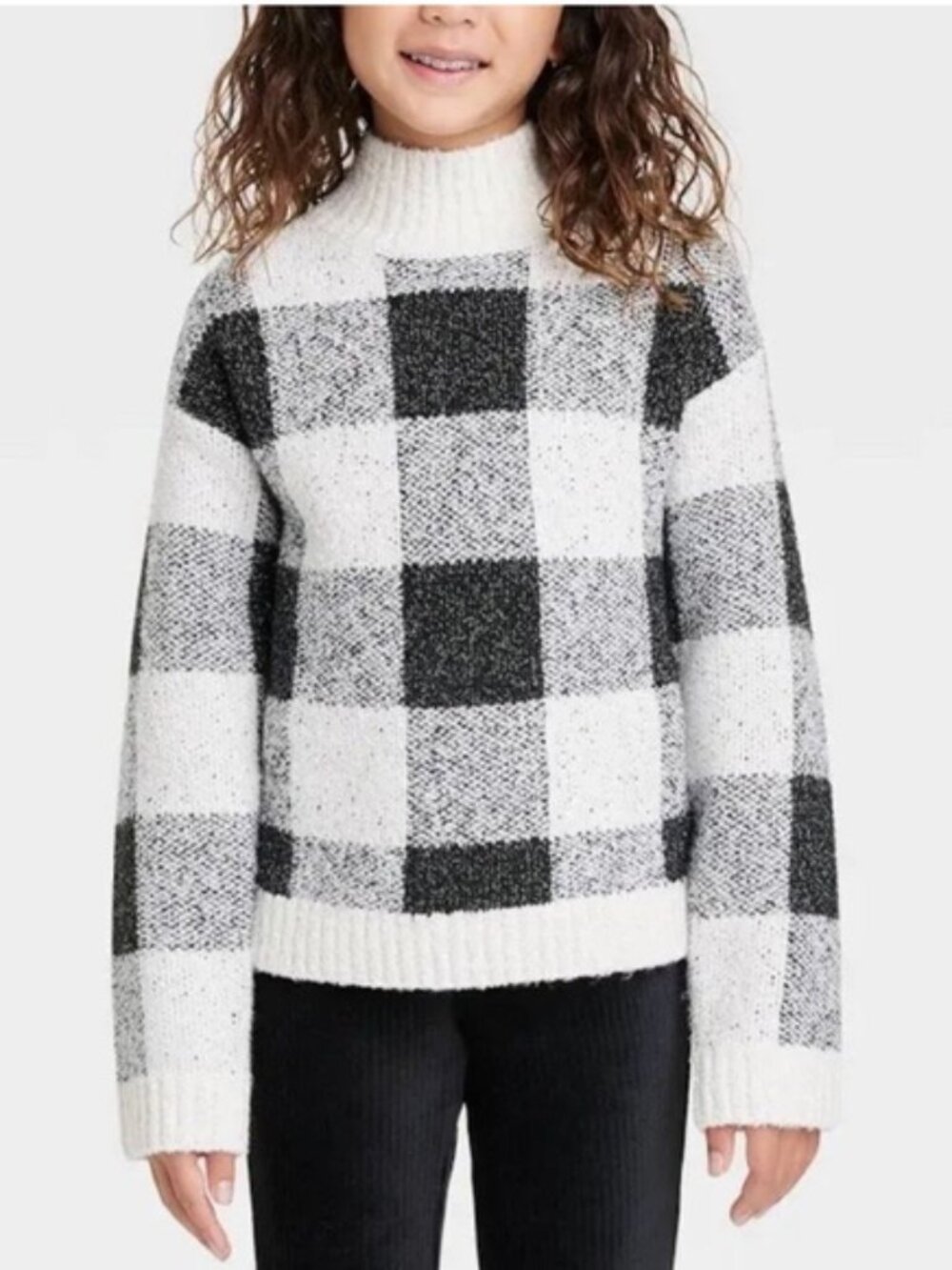 Cat & Jack Black White Plaid Check Mock Neck Sweater | Kids 10/12